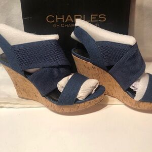 NWT in box Charles by Charles David Denim Blue Fabric Cork Wedge Sandals